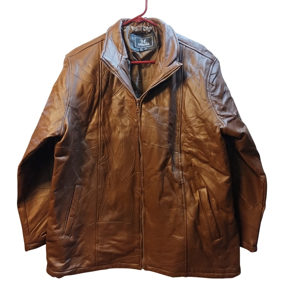 Vintage M Collection 2XL Brown Genuine‎ Leather Patchwork Zip Up Jacket Coat